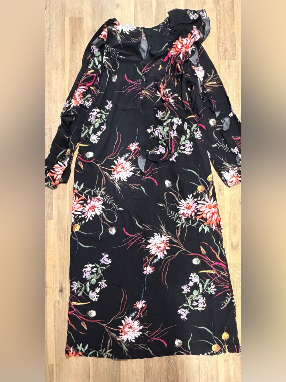 H&M Black Long-Sleeve Floral Midi Dress with Pink & Orange Blooms